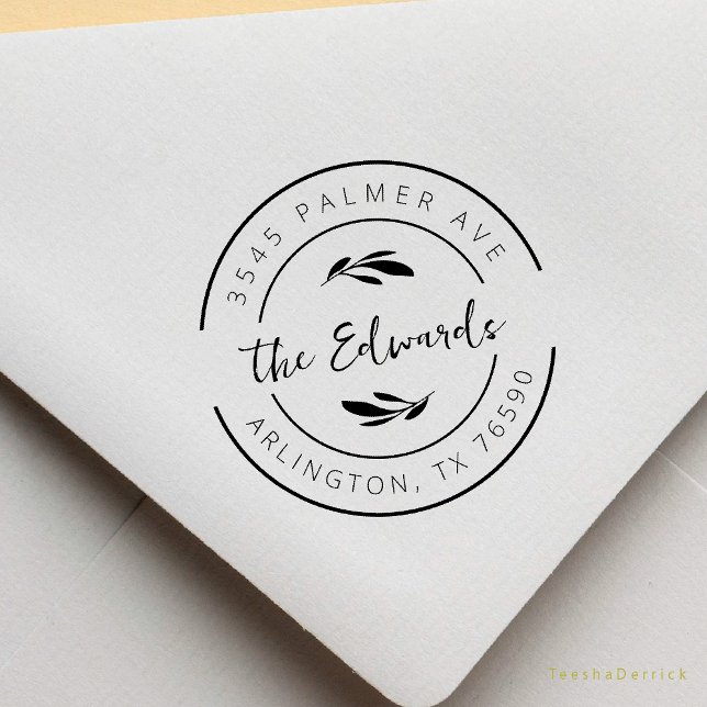 Family Name Return Address Eucalyptus Round Logo Rubber Stamp (Modern Rustic Family Name Return Address Botanical Round Logo Rubber Stamp Season Greeting Christmas)