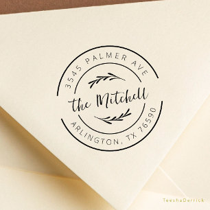 Family Name Return Address Eucalyptus Round Logo Rubber Stamp