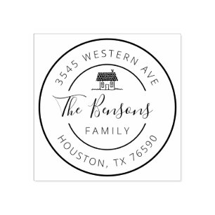Family Name Return Address round, Cozy Home Rubber Stamp