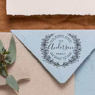 Family Name Round Hand-drawn Wreath Address Rubber Stamp