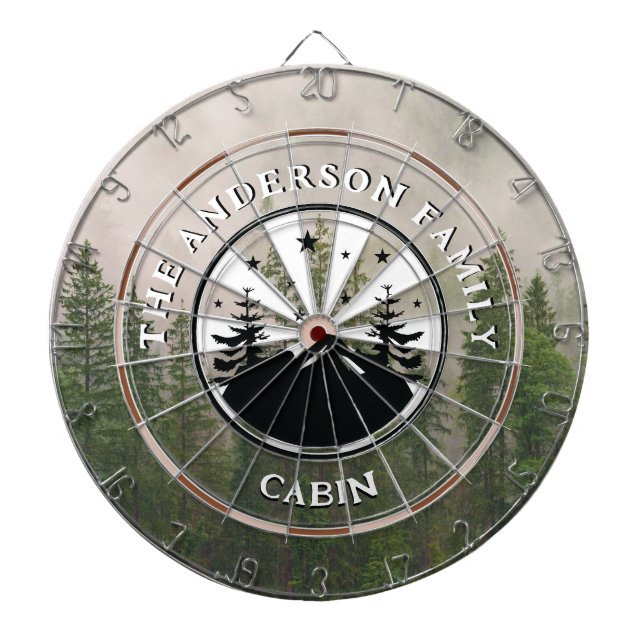 Family Name Rustic Cabin Foggy Forest Dartboard (Front)