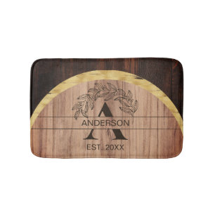 Family Name Rustic Farmhouse Wood Monogrammed Gold Bath Mat