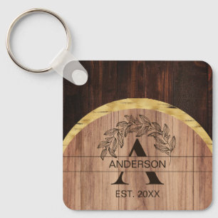 Family Name Rustic Farmhouse Wood Monogrammed Gold Key Ring