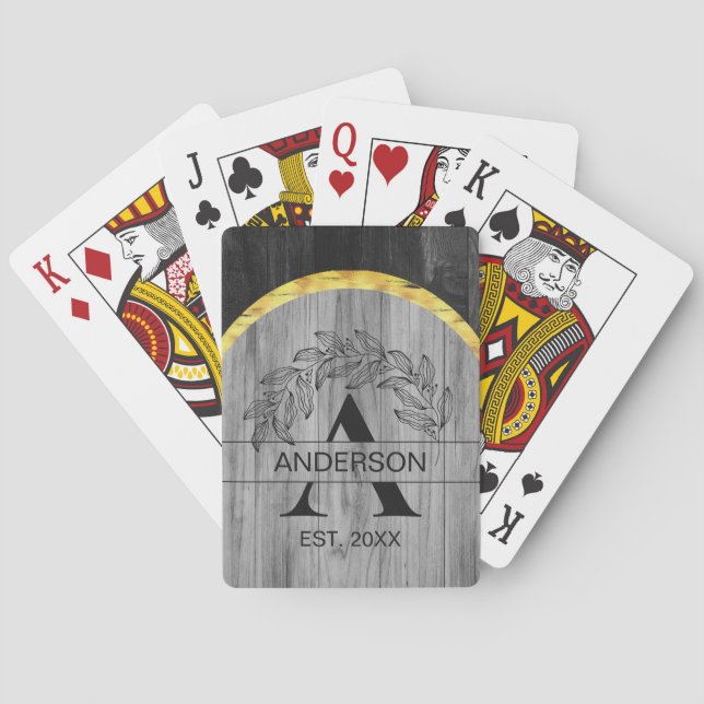 Family Name Rustic Grey Wood Monogram Gold Playing Cards (Back)