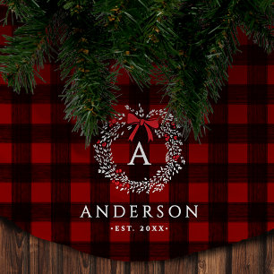 Family Name Rustic Holiday Wreath Buffalo Plaid Brushed Polyester Tree Skirt