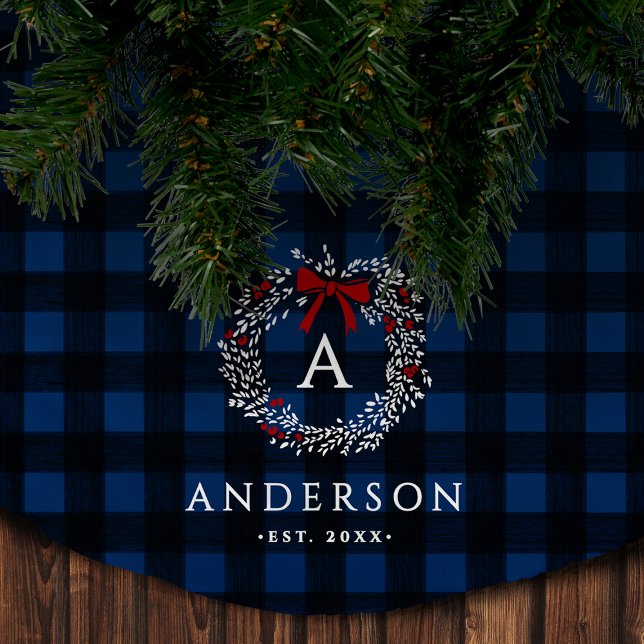 Family Name Rustic Holiday Wreath Buffalo Plaid Brushed Polyester Tree Skirt (Creator Uploaded)