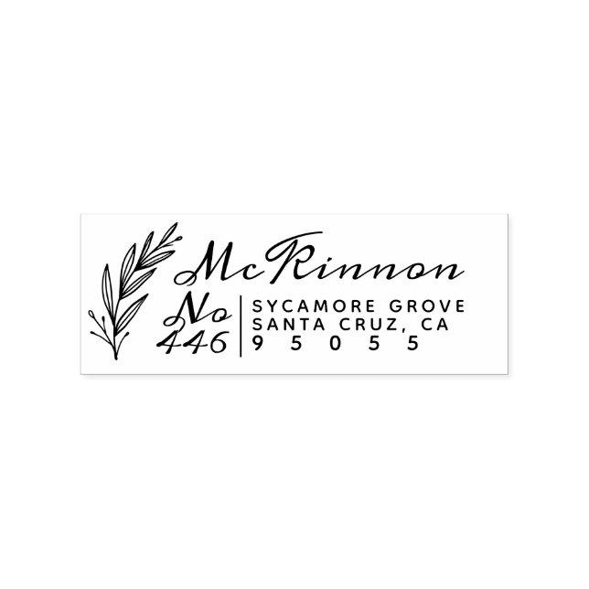 Family Name Rustic Script & Leaf Return Address Rubber Stamp (Imprint)