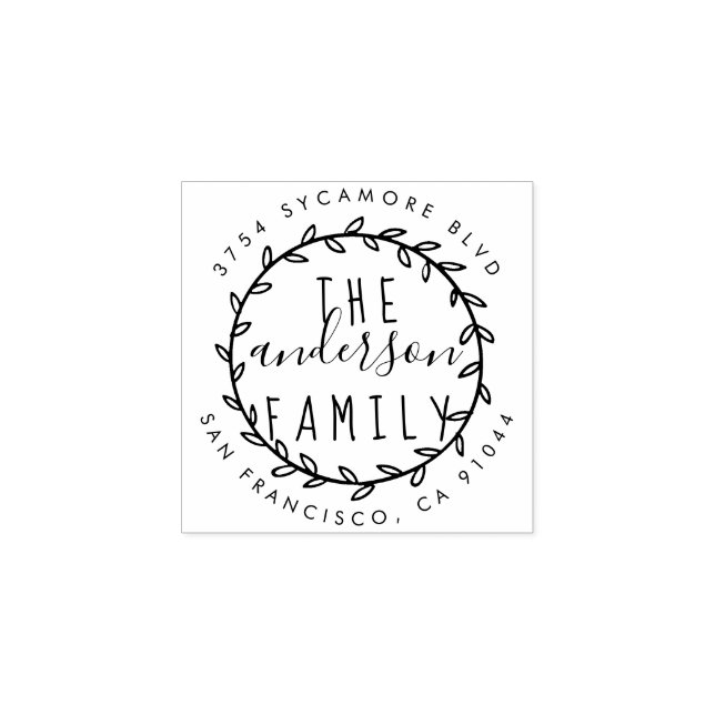 Family Name Rustic Script & Wreath Return Address Rubber Stamp (Imprint)