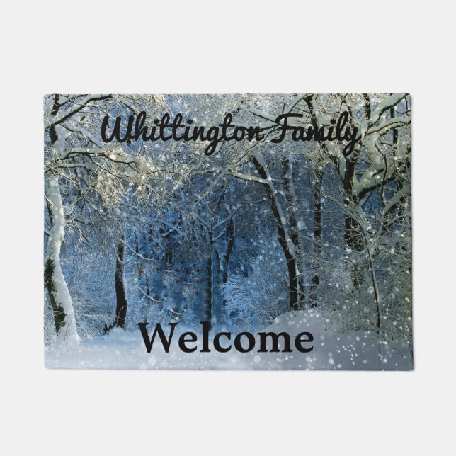 Family Name Snowy Forest Sunshine Welcome Door Mat (Front)