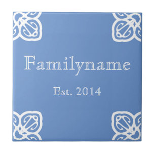 Family Name - Spanish White on Blue Ceramic Tile