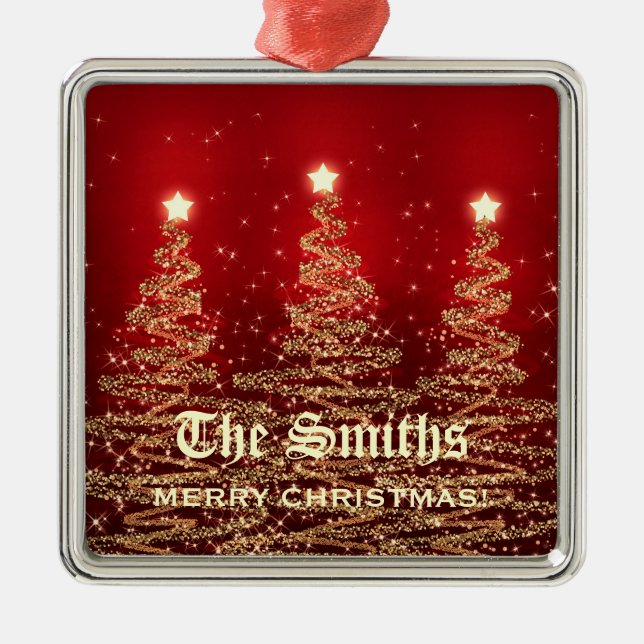 Family Name Sparkling Christmas Trees Red Metal Tree Decoration (Front)