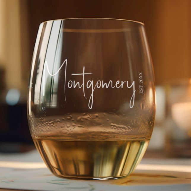 Family Name  Stemless Wine Glass (Family name in chic white lettering on stemless wine single glass, set of 2 or set of 4)