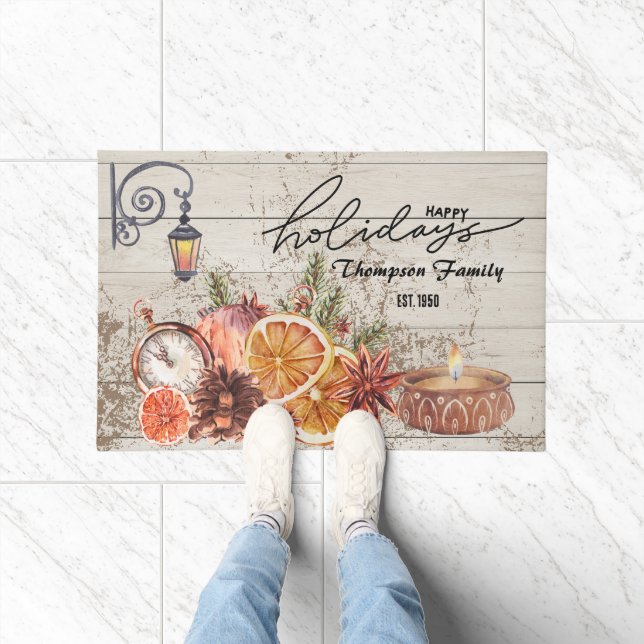 Family name Stylish Modern rustic wood Christmas  Doormat (Indoor)