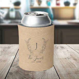 Family name template monogram rustic burlap can cooler