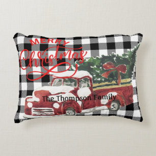 Family name traditional buffalo plaid red truck decorative cushion