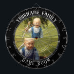 Family Name Two Photo Game Room Dartboard<br><div class="desc">Coloured background with custom name and two photo option in the centre of the board. Other colours available in the shop.</div>