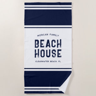 Family Name Vacation Beach House Navy Blue Beach Towel