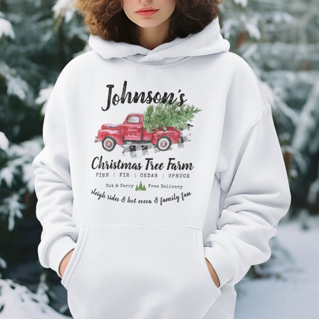 Family Name Vintage Christmas Tree Farm Truck Hoodie (personalized family name Christmas Tree Farm white & light color hoodie, vintage holiday red truck )