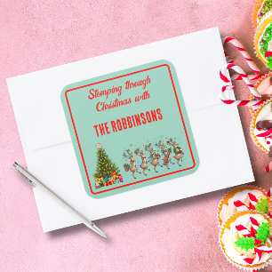 Family Name Whimsical Christmas Marching Reindeer Square Sticker