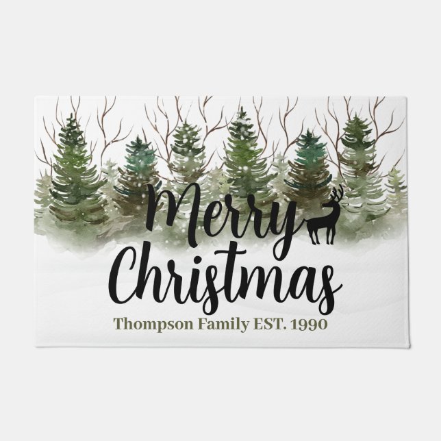 Family name white snow and pine tree cute reindeer doormat (Front)