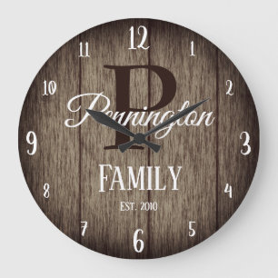 Family Name with Monogram Rustic Wood Texture Large Clock