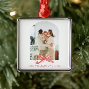 Family Name Year Red Bow Arch Photo Christmas  Metal Tree Decoration