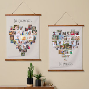 Family Names Heart Shaped Photo Collage 58 Picture Hanging Tapestry