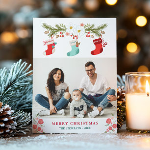 Family Names on Christmas Stockings with Photo Holiday Card