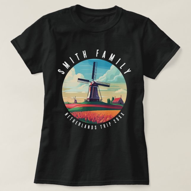 Family Netherlands Trip Windmill Tulips Vacation T-Shirt (Design Front)