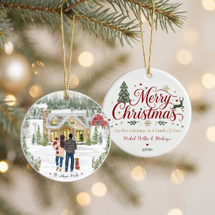 Family of 3 Baby Snowy Christmas Cottage Ceramic Tree Decoration