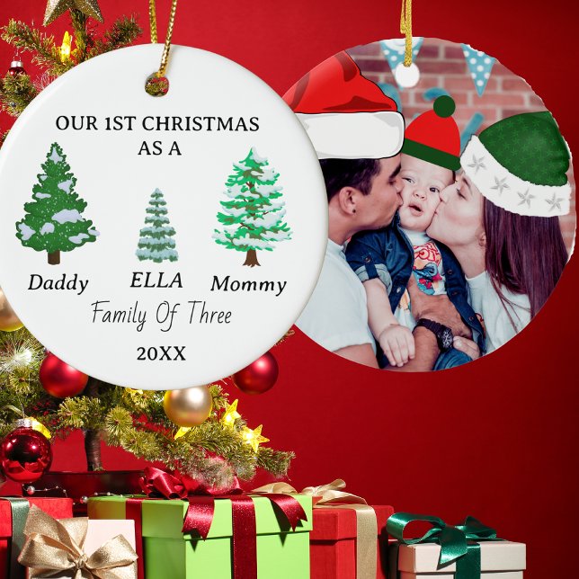 Family of 3 Custom Baby's First Christmas Photo Ceramic Tree Decoration (Creator Uploaded)