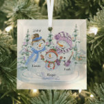 Family of 3 Names Cute Christmas Snowman Glass Tree Decoration<br><div class="desc">Cute personalised christmas ornament for a family of 3. The design features a happy trio of snowmen surrounded by christmas trees and you can personalise it with the year and your names.</div>