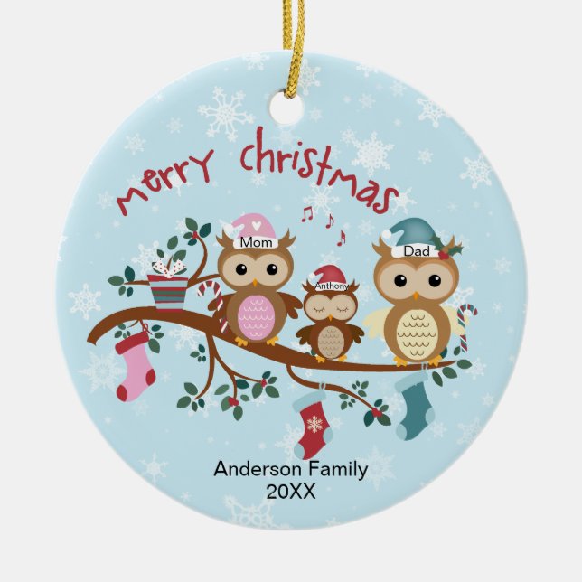 Family of 3 Owl Family Christmas Ceramic Tree Decoration (Front)