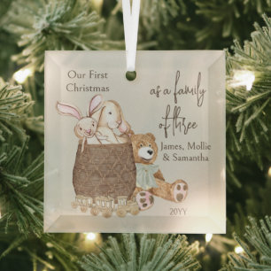 Family of 3 Pregnant Teddy Bear and Toy Basket Glass Tree Decoration