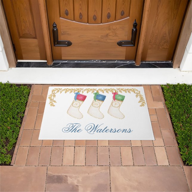 Family of 3 - Watercolor Monogram Stockings Doormat (Outdoor)