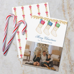 Family of 3 - Watercolor Monogram Stockings Photo Holiday Card