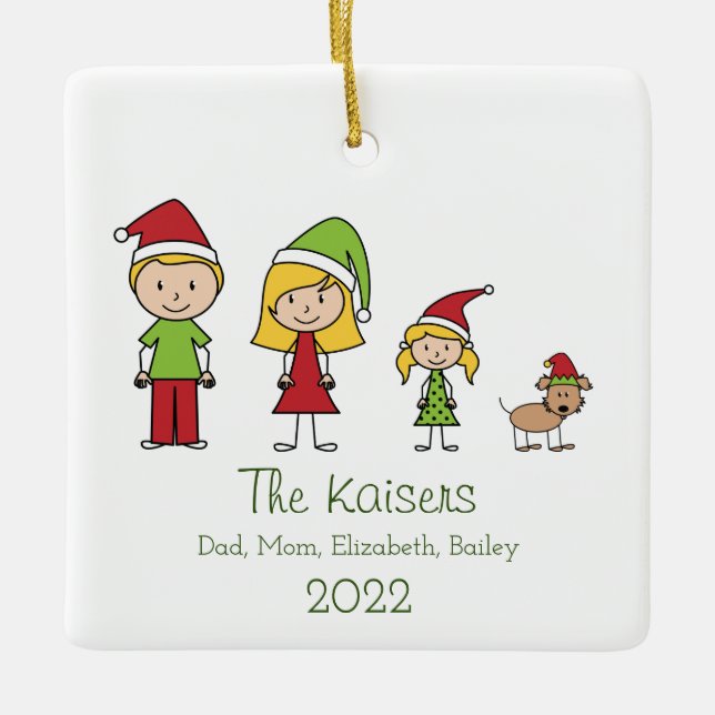 Family of 3 With Dog Cute Christmas Personalised Ceramic Ornament (Front)