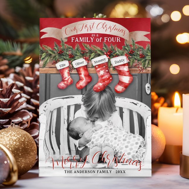 Family of 4 Christmas Stockings Photo Baby First Holiday Card (Personalized 4 stocking names 1st Christmas as a family of four black & white photo plaid Christmas)