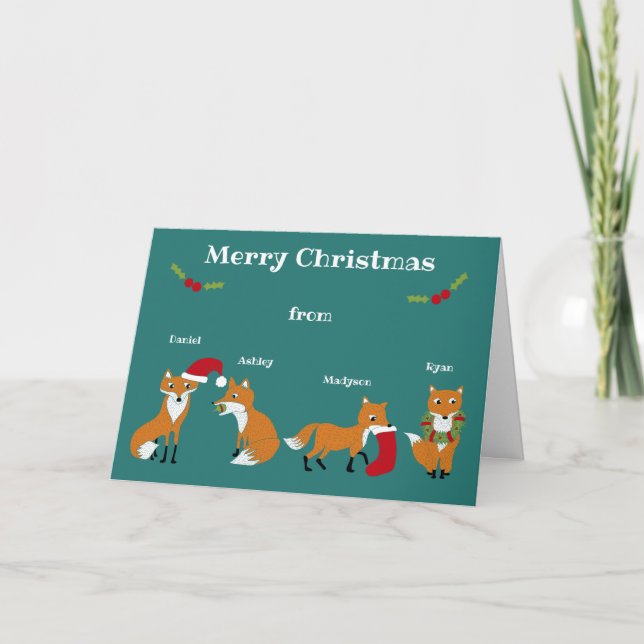 Family of 4 Festive Foxes Personalised Christmas Holiday Card (Front)