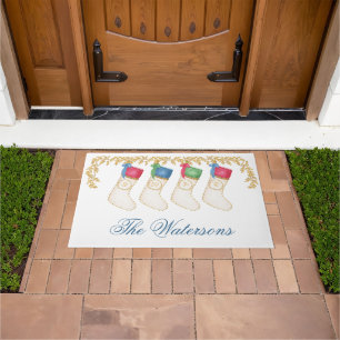 Family of 4 - Watercolor Monogram Stockings Doormat