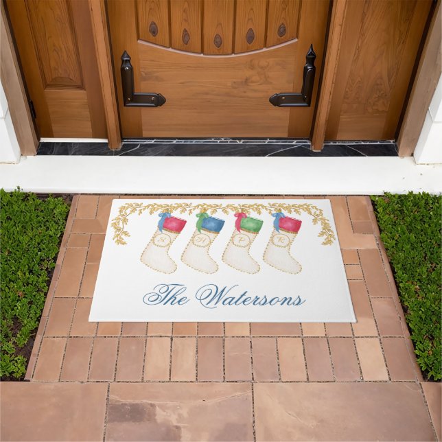 Family of 4 - Watercolor Monogram Stockings Doormat (Outdoor)