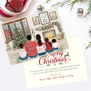 Family of 5 Baby Girl Boy, Fireside Family Xmas Holiday Card