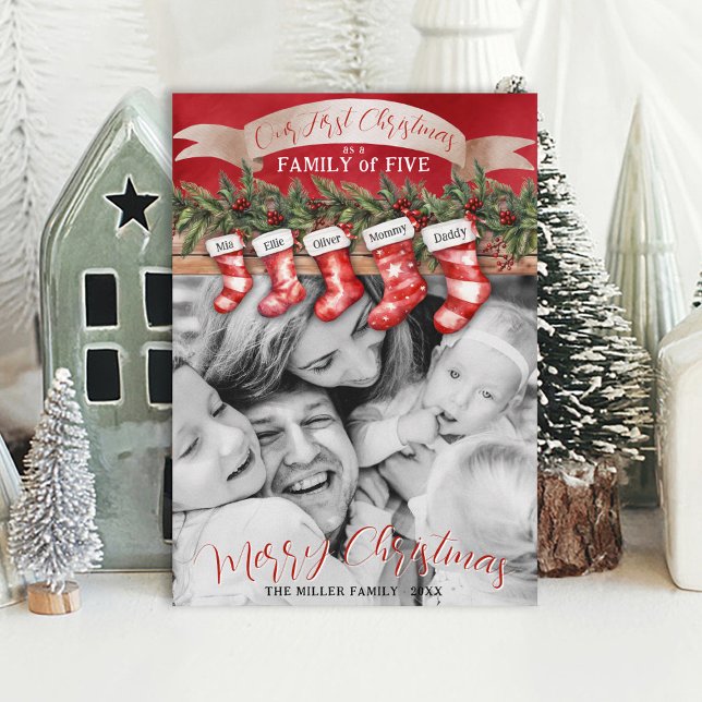 Family of 5 Christmas Stockings Photo Baby First Holiday Card (Personalized 5 stocking names 1st Christmas as a family of five black & white photo Merry Christmas)
