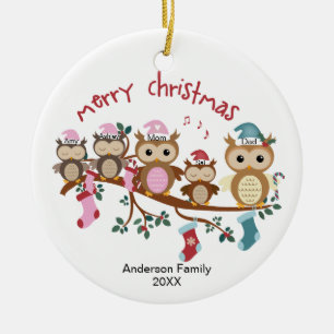 Family of 5 Owl Family Christmas Ceramic Tree Decoration