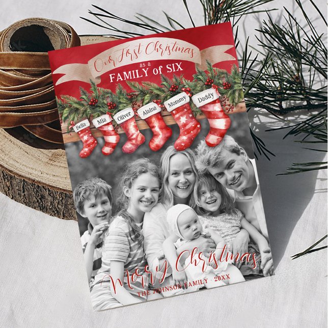 Family of 6 Christmas Stockings Photo Baby First Holiday Card (Personalized 6 stocking names 1st Christmas as a family of six black and white photo Merry Christmas)