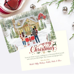 Family of 6 Twins & Girls, Snowy Christmas Cottage Holiday Card