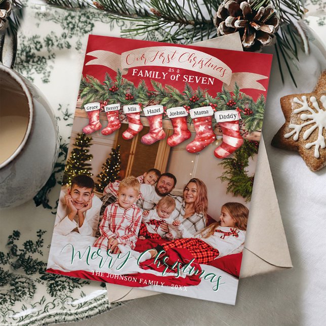 Family of 7 Christmas Stockings Photo Baby First Holiday Card (Personalized 7 stocking names 1st Christmas as a family of seven black & white photo Merry Christmas)