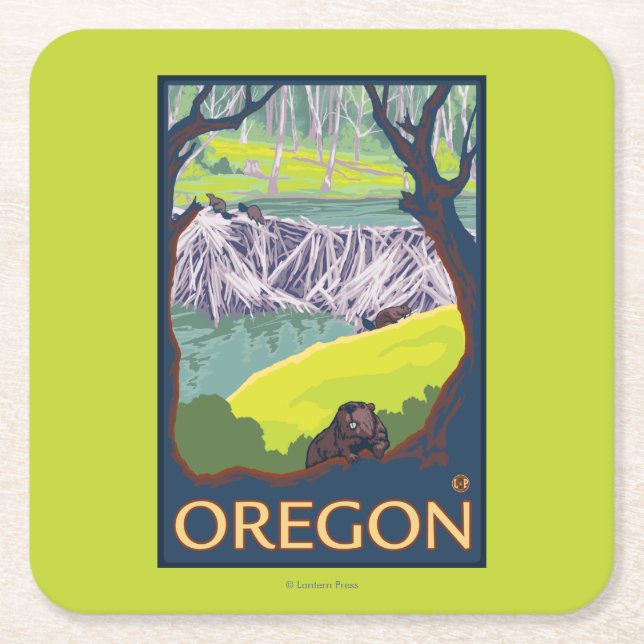 Family of Beavers Square Paper Coaster (Front)