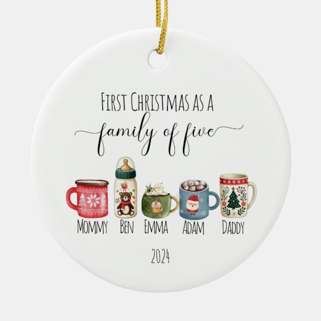 Family of Five Christmas Ceramic Ornament (Front)