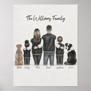 Family of Four and Two Dogs Graphite Portrait Post Poster